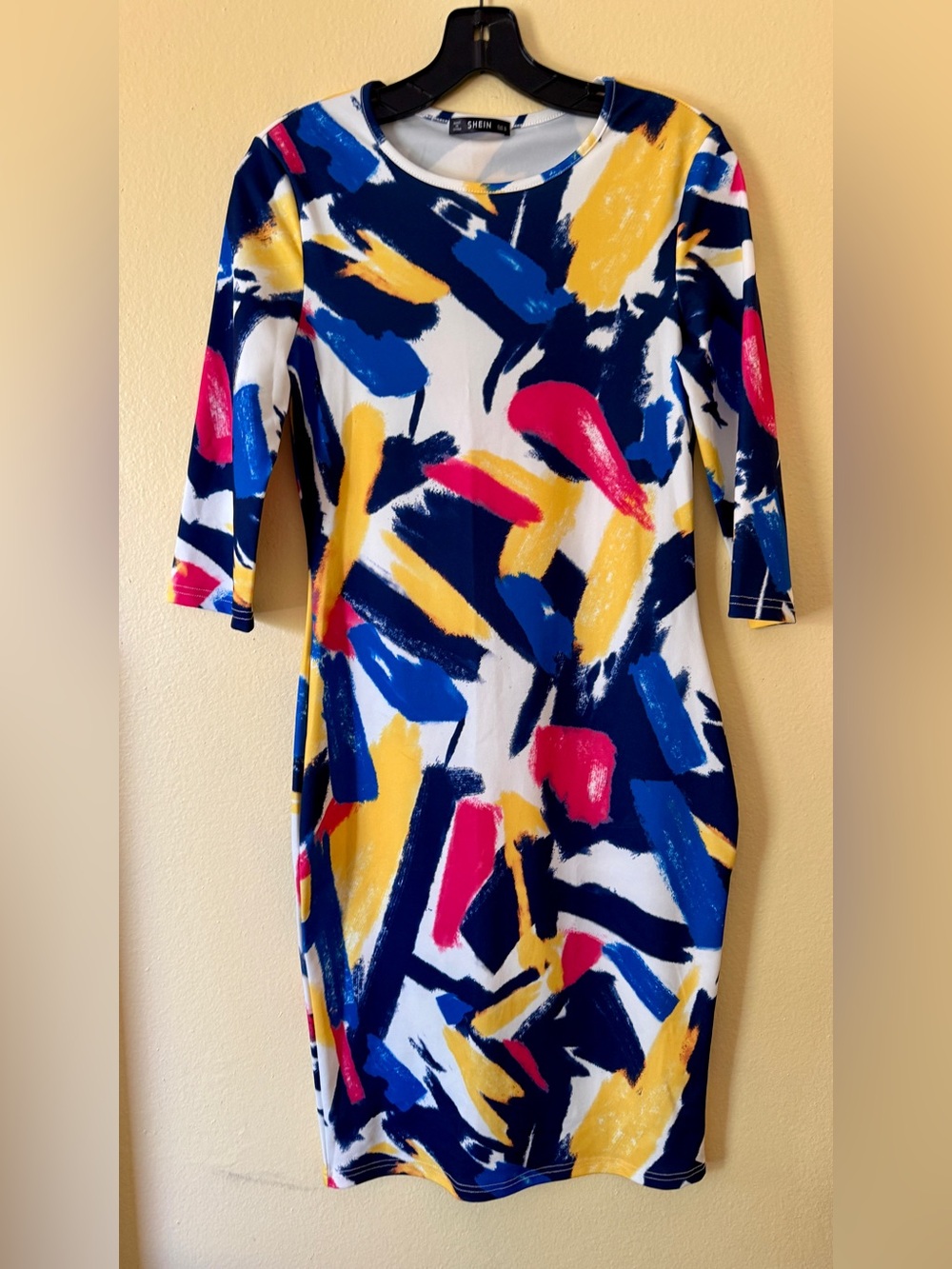 Abstract Brushstroke Sheath Dress - Blue/Yellow/Red